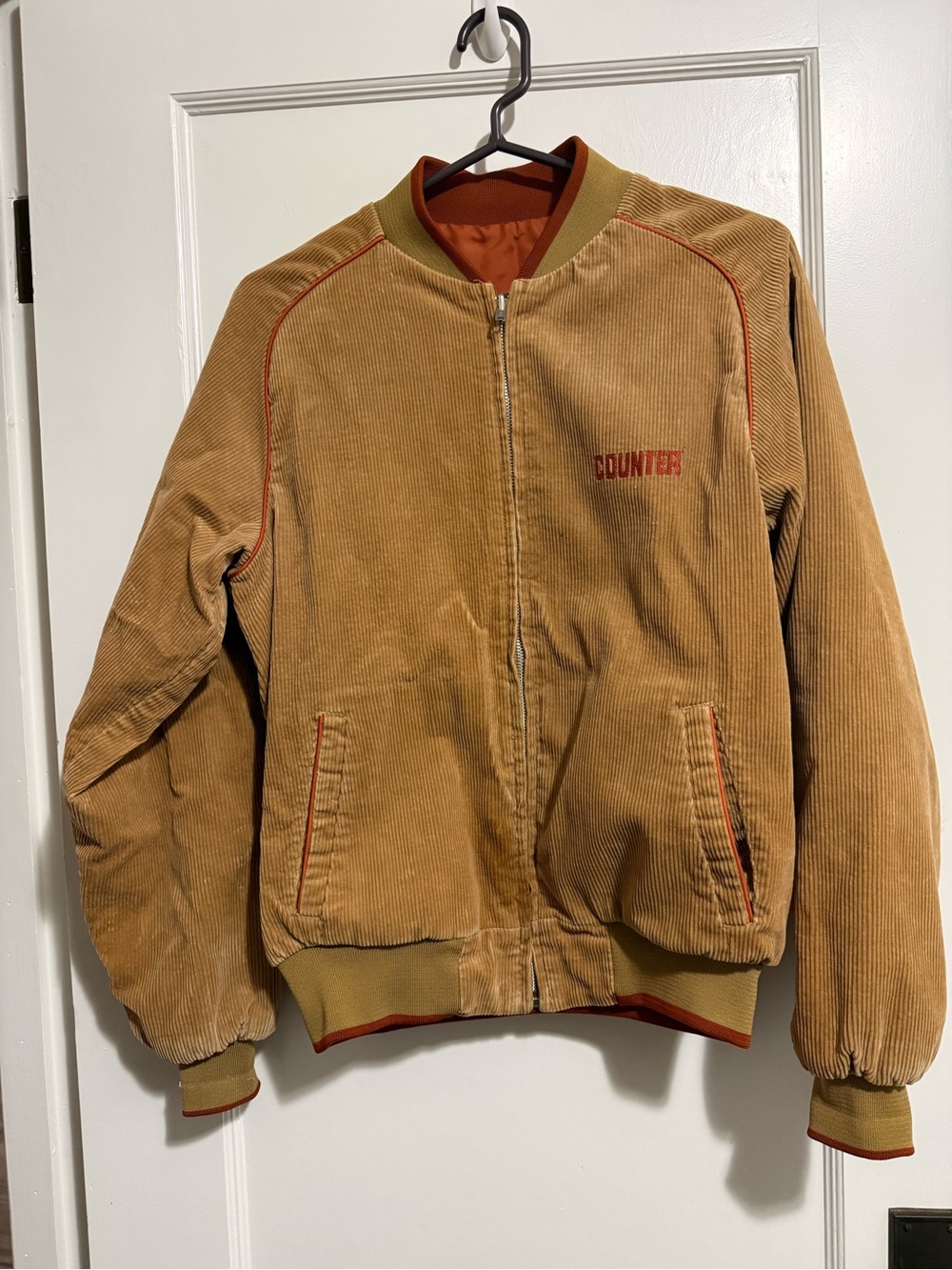 Vintage Reversible Tan Corduroy Bomber Jacket with Orange Accent